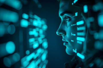 Specialist in No-Code Workflow Automation with Glowing Quantum Panels in Cinematic Cyan Tones