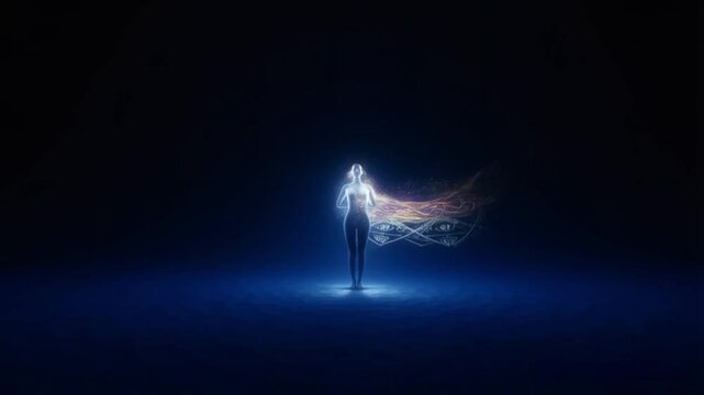 A human figure stands in a dark space. A faint glowing aura surrounds them &mdash; pulsing slowly like breath. As emotions change, the biofield reacts