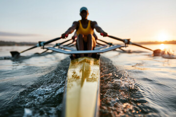 Close up, Mixed race rowing team training on a lake at dawn