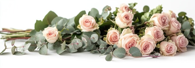 Delicate bouquet of pale pink roses and eucalyptus