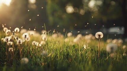 Dandelion Seeds Blowing in the Breeze Over a Sunlit Meadow