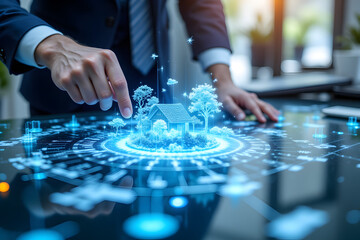 Naklejka premium Businessman Interacting with Virtual Real Estate Model in Futuristic Office Setting
