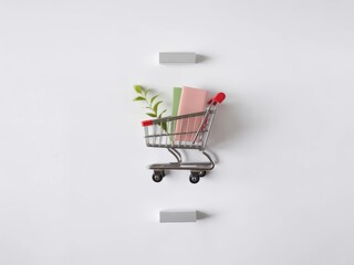Shopping Cart with Books and Plant on White Background Minimalist Still Life