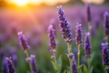 Fototapeta premium Serene Lavender Fields at Sunset with Soft Glow and Shallow Depth of Field Overview