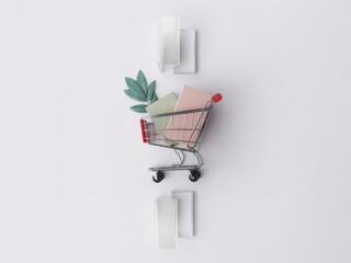 Shopping Cart with Books and Plant on White Background with Geometric Shapes