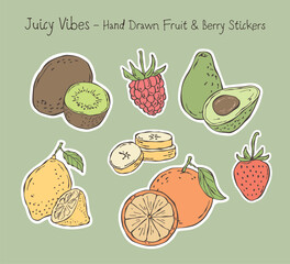 Sticker pack of hand-drawn fruits and berries in soft pastel natural tones. Colorful doodle-style illustrations perfect for wellness, planners, and healthy lifestyle projects