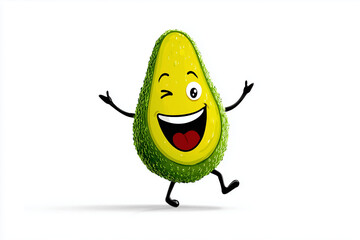 Quirky avocado cartoon with a big smile and playful wink, creating a lighthearted and joyful atmosphere