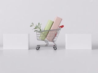 Shopping Cart with Books and Plant on White Background with Cube Accents