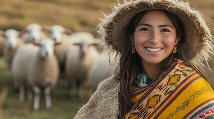 Happy native american girl wearing ethnic aymara cloth. Sheep on the background