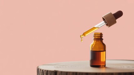 Dropper Dispensing Liquid into Amber Bottle on Wooden Surface