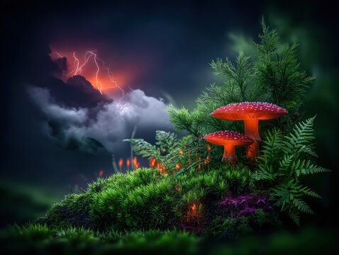 Red mushrooms in a mystical forest scene under a stormy sky