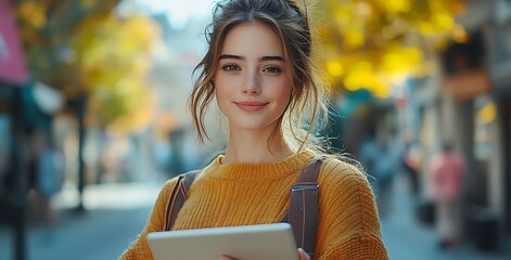 orange sweater mockup with person holding tablet in autumn street


