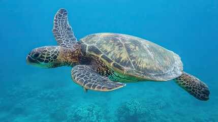 Obraz premium Endangered Hawaiian Green Sea Turtle gliding through ocean waters, a serene glimpse of marine conservation in action