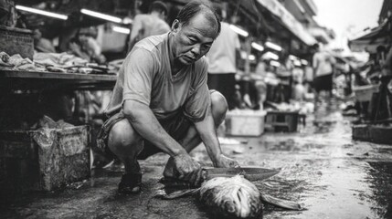 Man Butchering Fish on Wet Market Street in Monochrome Urban Scene