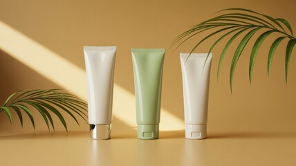 Cosmetic Product Tubes with Palm Leaves on a Beige Background Studio Shot