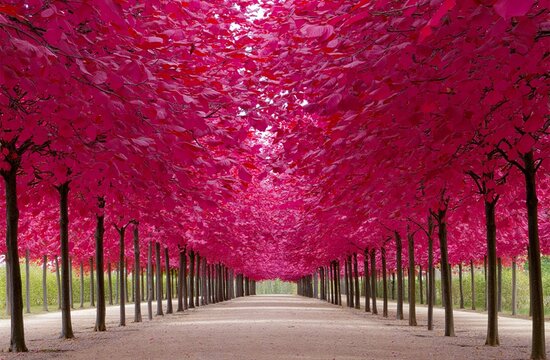 A surreal, symmetrical pathway lined with tall trees on both sides, their leaves in vibrant shades of pink and magenta
