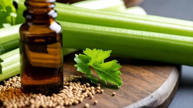 Amber bottle of celery seed extract and fresh celery stalks on a rustic wooden board.