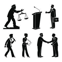 Obraz premium Business and professional silhouettes depicting law justice presenting and networking activities