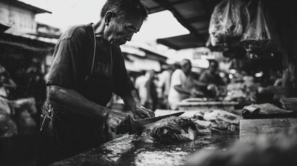 Elderly Fish Vendor Skillfully Butchering Catch at Bustling Market – Monochrome Documentary