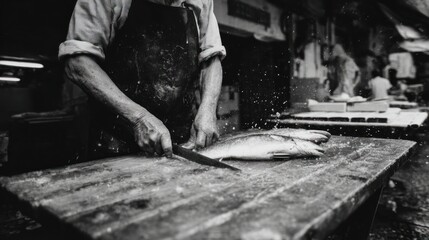 Close-Up of Skilled Hands Cutting Fresh Fish on Wooden Table – Black and White Market Scene