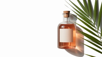 Elegant Bottle with Blank Label and Palm Leaf on White Background