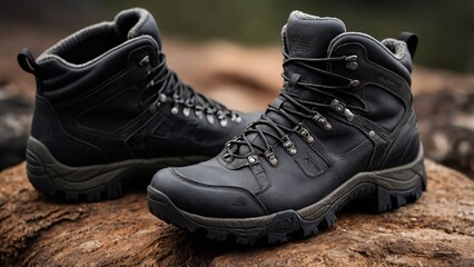 Durable Leather Hiking Boots Men's Black Outdoor Trekking Shoes for Rugged Trails and Adventures