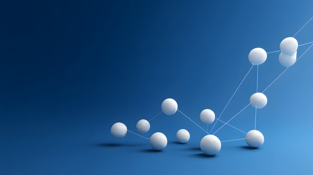 White Spheres Connected by Thin Lines Ascending on Blue Background