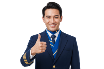 Smiling male flight attendant in uniform giving a thumb up gesture, representing excellent service and hospitality, isolated on transparent background