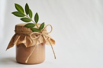 Homemade Jam Jar with Green Leaves and Twine on a White Background