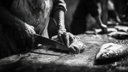 Aged Hands Skillfully Slicing Fresh Fish at Traditional Market – Monochrome Detail Shot