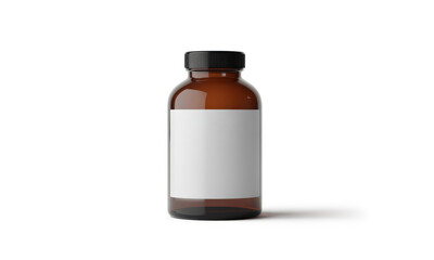 Amber Glass Bottle with Blank Label on White Background for Mockup Design