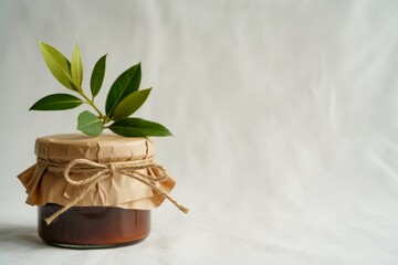 Homemade Jam Jar with Green Leaves and Twine on a White Background