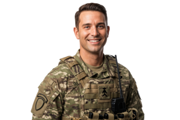 Smiling male army soldier in uniform with tactical gear and radio communication device, isolated on transparent background, representing military service and professionalism