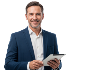 Confident executive manager in formal suit smiling while holding a tablet, isolated on transparent background, concept of business leadership and technology