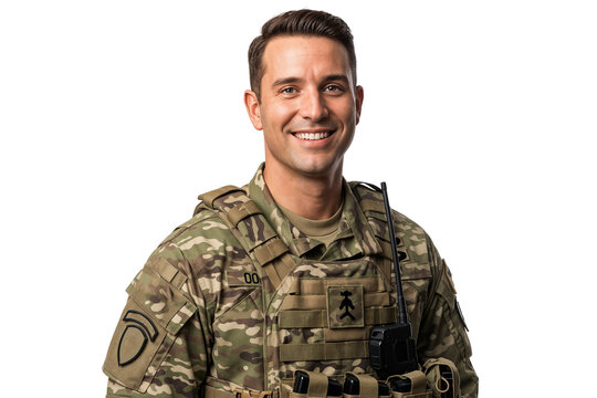 Smiling male army soldier in uniform with tactical gear and radio communication device, isolated on transparent background, representing military service and professionalism