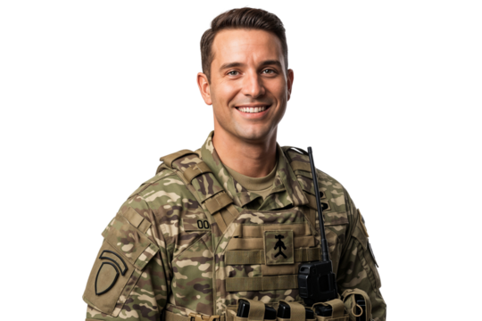 Smiling male army soldier in uniform with tactical gear and radio communication device, isolated on transparent background, representing military service and professionalism - Powered by Adobe