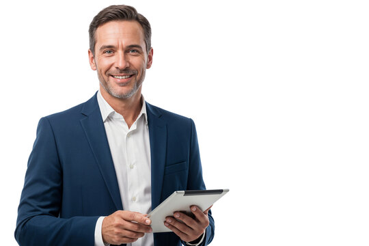 Confident executive manager in formal suit smiling while holding a tablet, isolated on transparent background, concept of business leadership and technology