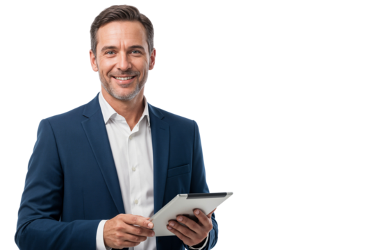 Confident executive manager in formal suit smiling while holding a tablet, isolated on transparent background, concept of business leadership and technology