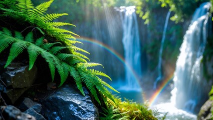Fototapeta premium Waterfall with Ferns and Rainbow Offers Scenic Natural Beauty