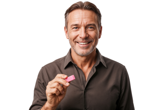 Smiling senior businessman holding a pink eraser, symbolizing correction, revision, or new ideas, isolated on transparent background