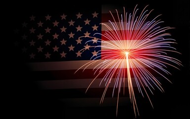 4th of july fireworks with american flag overlay on black background, horizontal version. High quality