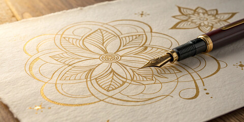 Gold mandala design on paper with fountain pen