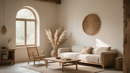 Cozy living room with natural light, wicker furniture, and minimalist decor