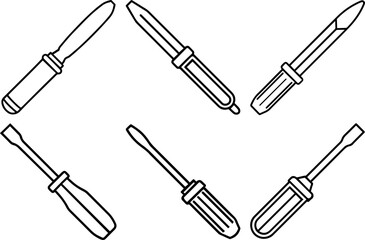 Set of Flathead screwdriver outline vector illustration line art