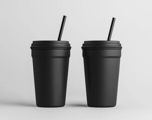 Two identical black disposable cups with black lids and straws, presented in a studio setting