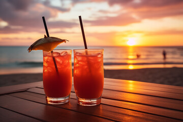 Bright red cocktails with umbrella garnish
