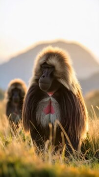 Two Gelada monkeys in tall grass at dusk, displaying distinctive red chest patches and golden fur, in a natural habitat.