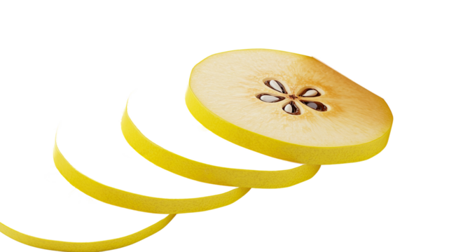 Slice of quince fruit with peel isolated on black background, studio shot