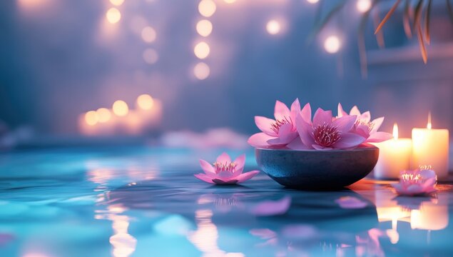 Pink lotus blossoms in a bowl,  peaceful spa setting