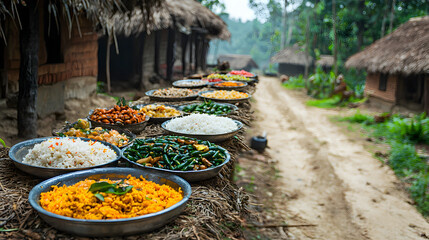 Indian tribal village at Bolpur, West Bengal India with view of mud hut and unpaved village road 